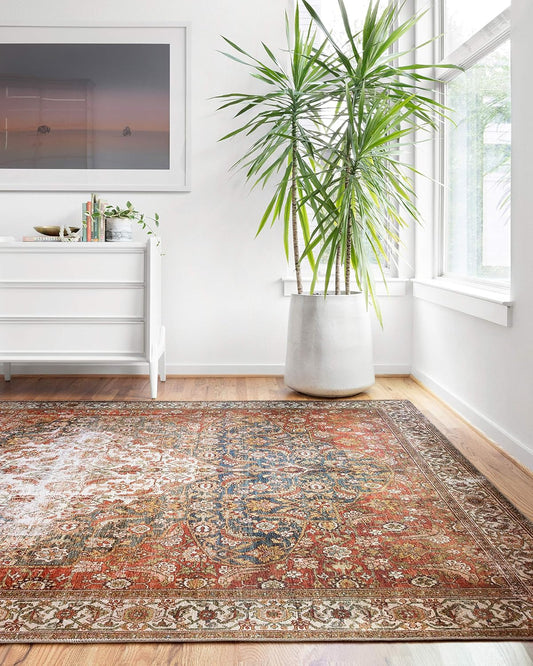 Loloi Layla Collection LAY-05 Ocean/Multi 3'-6" x 5'-6" .13" Thick Accent Rug, Soft, Durable, Vintage Inspired, Distressed, Low Pile, Non-Shedding, Easy Clean, Printed, Living Room Rug