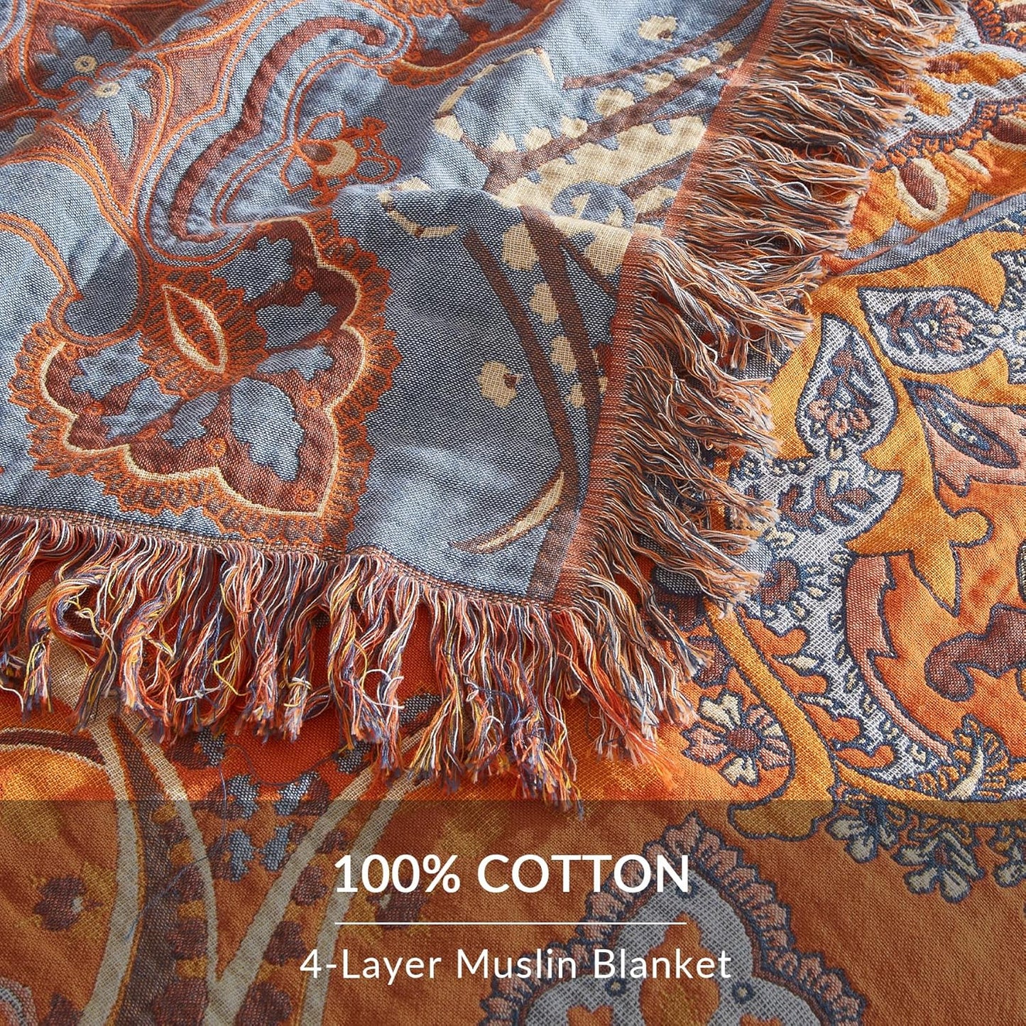 Boho Throw Blanket for Couch Sofa Bed, 100% Cotton Woven Quilt with Tassel 80”x90”, Super Soft Muslin Blanket with Oriental Universe Printed, Decorative Reversible Bed Blanket/Cover for All Seasons