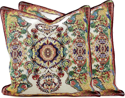 Tache Rococo Elegant Ornate Ivory Colorful Paisley Cotton Linen 18x18 Tapestry Woven Cushion Throw Pillow Cover 2 Pieces