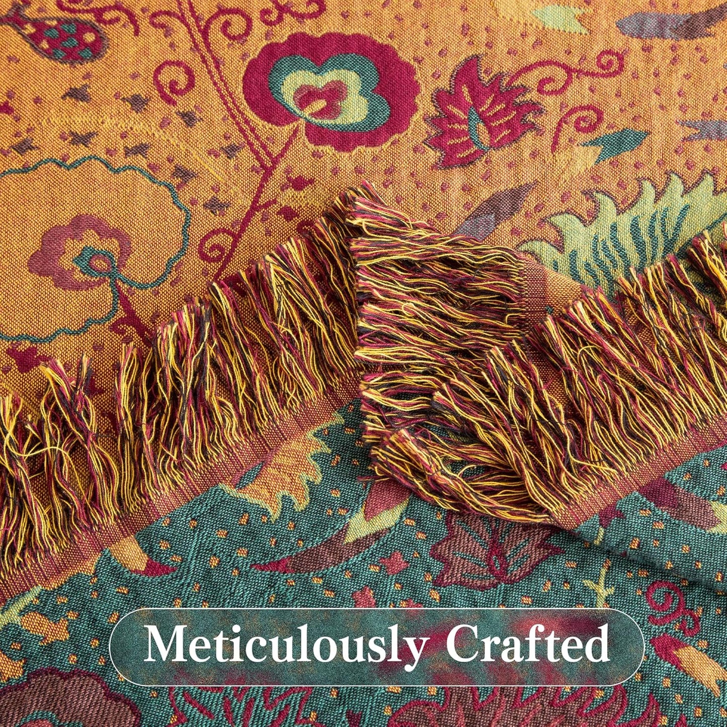 Boho Throw Blanket Full Size, Extra Large Soft Cozy Cotton Muslin Quilt Blanket for Bed Decor, Floral Patterned Couch Sofa Chair Cover, Vintage Farmhouse Cottage Woven Blanket, Green&Orange