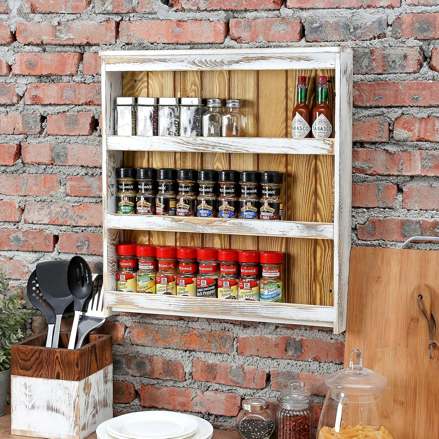 MyGift 3 Tier Wall Mounted Spice Rack, Shabby White Washed and Rustic Natural Burnt Solid Wood Kitchen Pantry Storage Shelf for Seasoning Jars or Condiment Bottles