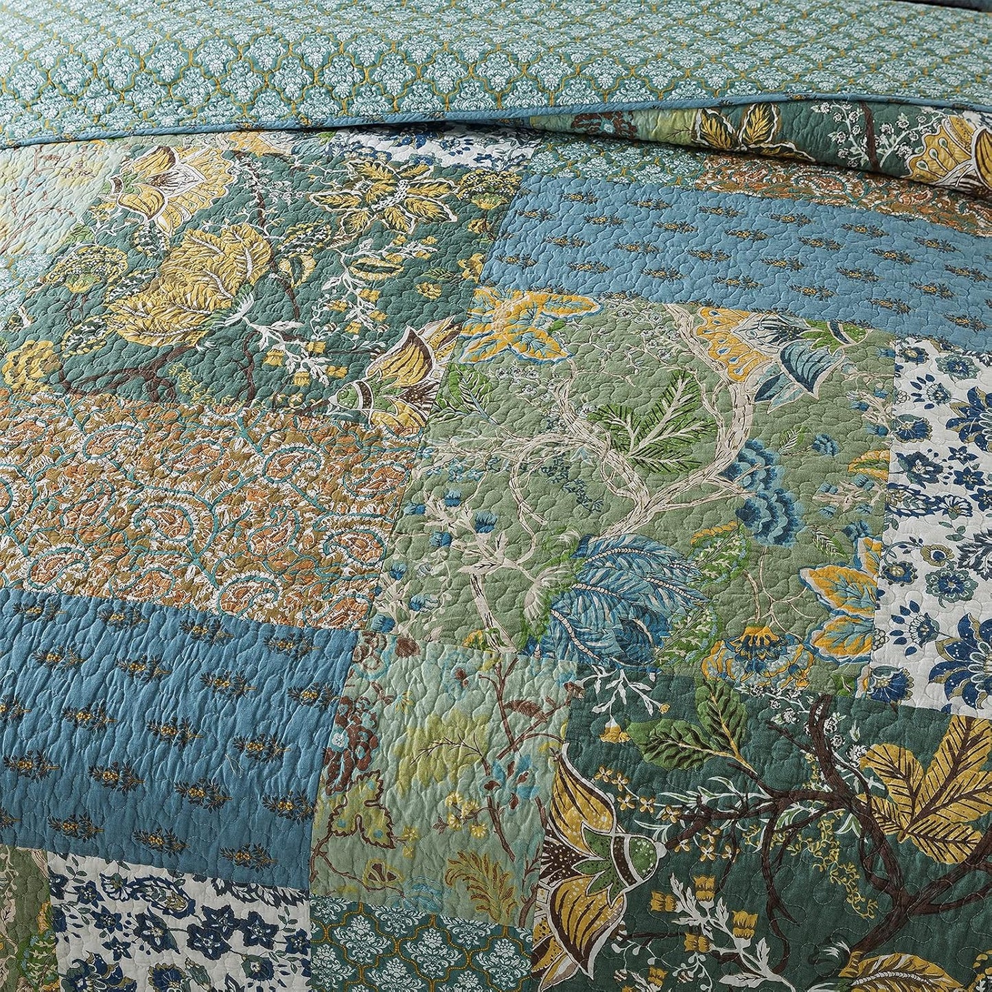 NEWLAKE Cotton Patchwork Bedspread, 3-Piece Bedding Quilt Set with Real Stitched Embroidery, Reversible Matelasse Bed Coverlet Set,Green Farmhouse Garden,Twin Size