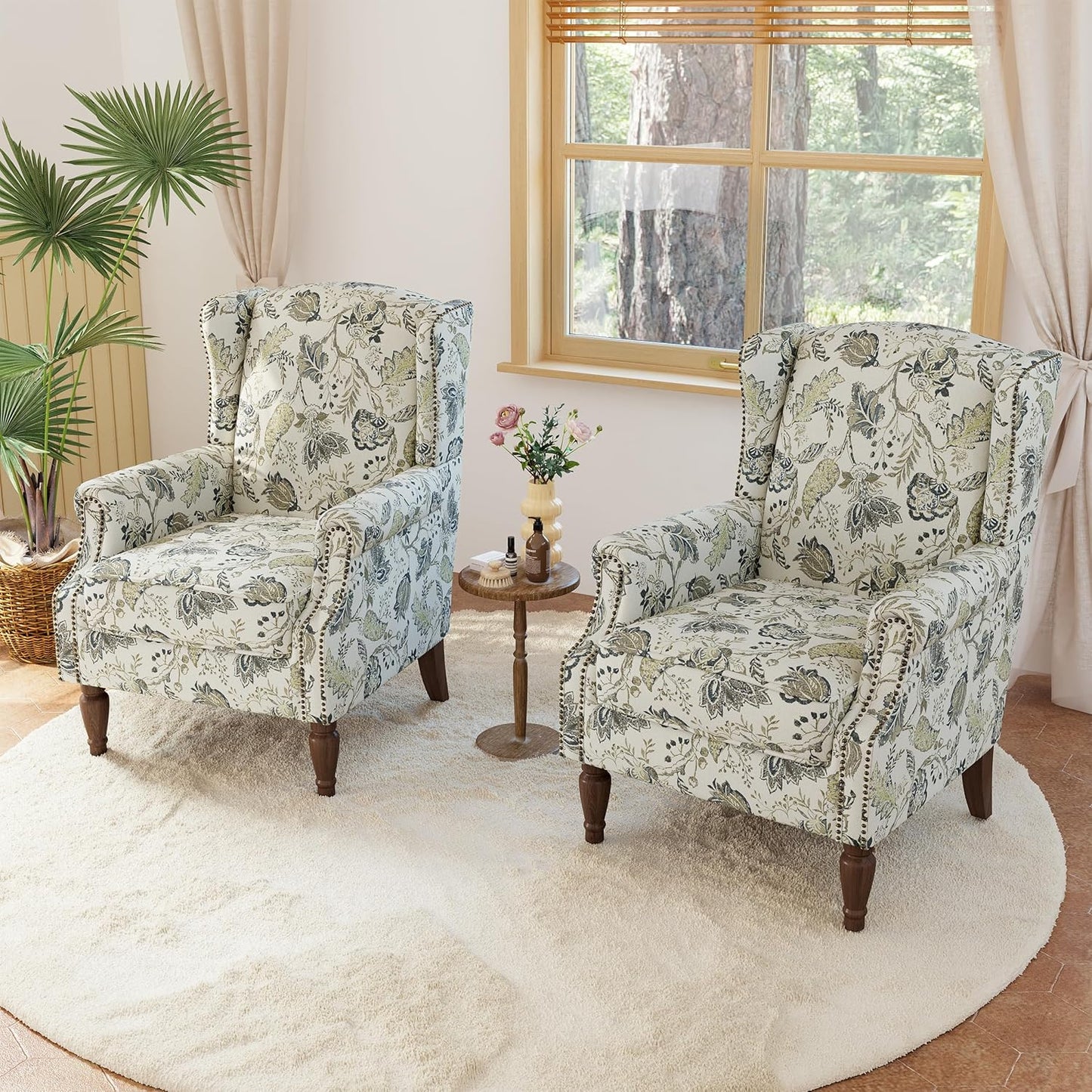 Lumibee Wingback Accent Chair, 2 Set High Back Floral Armchairs in Fabric,Comfy Upholstered Reading Single Sofa Chairs with Solid Wood Legs for Living Room,Bedroom,Office-Plants Beige