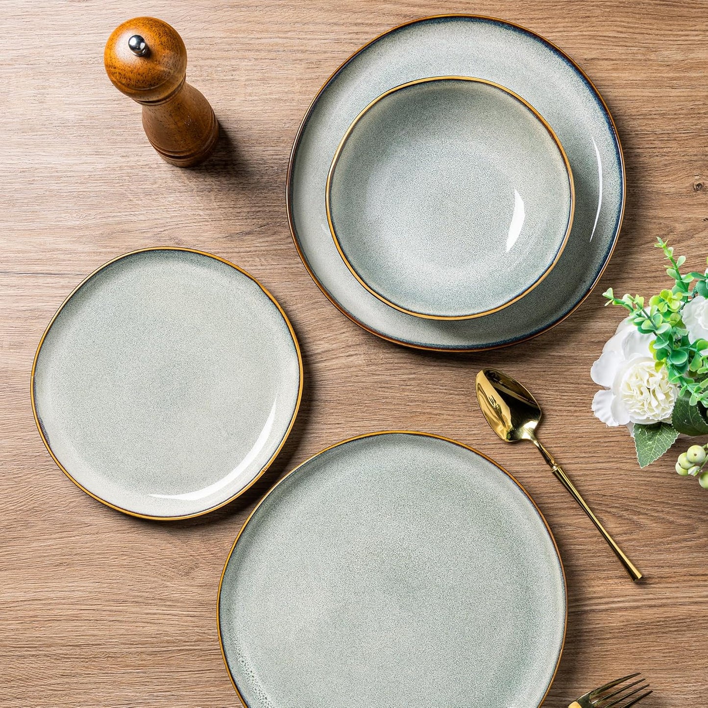 AmorArc Ceramic Dinnerware Sets,Handmade Reactive Glaze Stoneware Plates and Bowls Sets,Highly Chip and Crack Resistant | Dishwasher & Microwave Safe Dishes Set,Service for 4 (12pc)