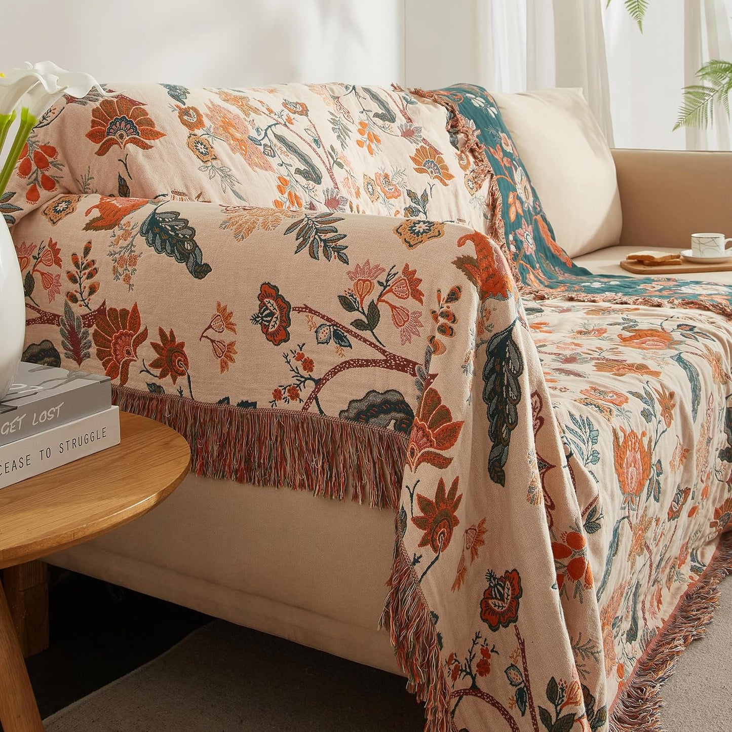 Boho Throw Blanket for Bed 80”x90”, 100% Cotton Woven Blanket for Couch Sofa, Ultra Soft 4-Layer Muslin Quilt with Floral Printed, Farmhouse Bed Blanket/Cover for Living Room Decor