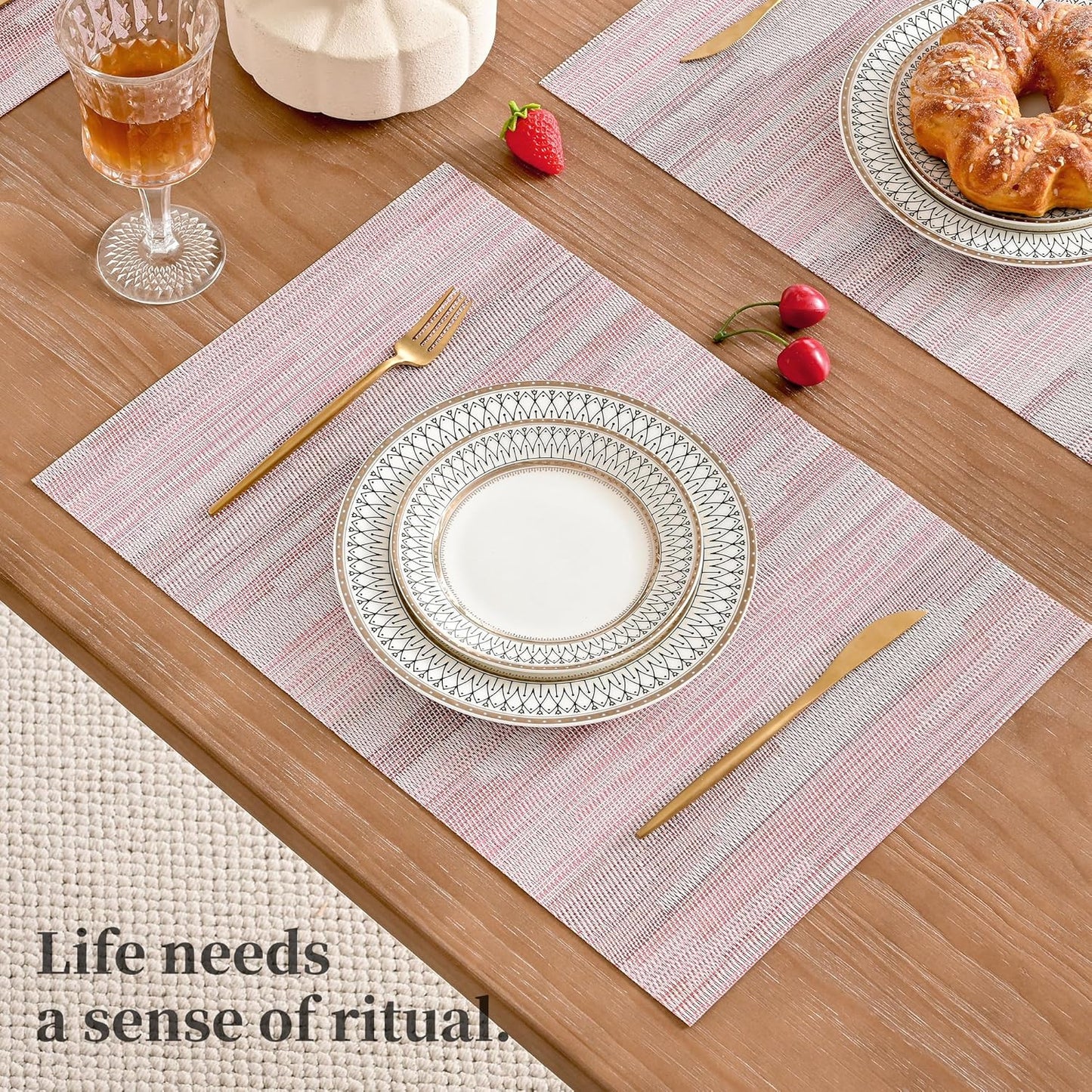 Leetaltree Misty Rose Placemats Set of 12 - Heat Resistant Non-Slip Place mats for Dining Table, Washable Durable PVC Vinyl Woven Table Mats（Misty Rose, 12）