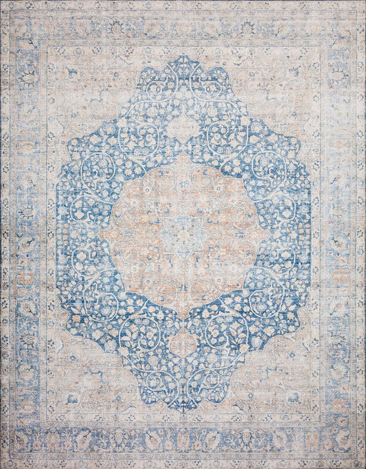 Loloi Layla Collection LAY-07 Blue/Tangerine 5'-0" x 7'-6" .13" Thick Area Rug, Soft, Durable, Vintage Inspired, Distressed, Low Pile, Non-Shedding, Easy Clean, Printed, Living Room Rug
