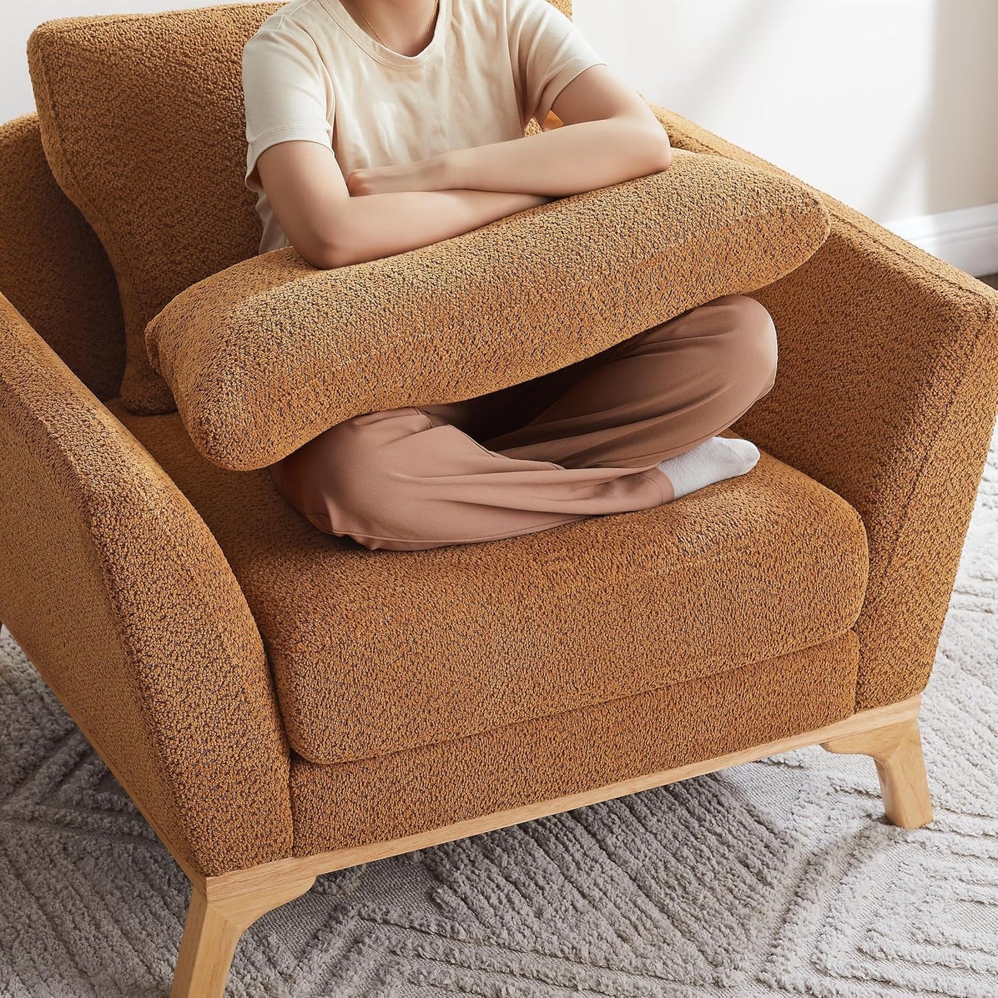 Large-Sized Accent Chair, Thick Cushion Bedroom Reading Chair, Comfortable Living Room Single Sofa， Boucle Curry