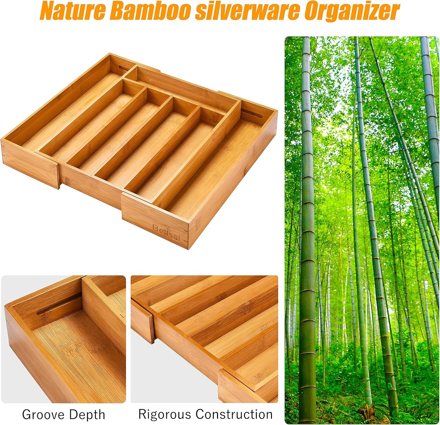 Bellsal Silverware Organizer Kitchen Drawer Organizer Expandable Bamboo Utensil Holder Cutlery Tray for Kitchen Utensil and Flatware Bedroom Office