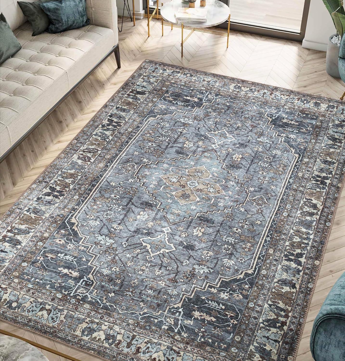 Keen Home Design 6x9 Rug - Machine Washable Area Rug with Non-Slip Backing, Ideal for Living Room, Dining Room, Bedroom - Vintage, Easy Clean, Durable, Low Pile Rug - (6' x 9')