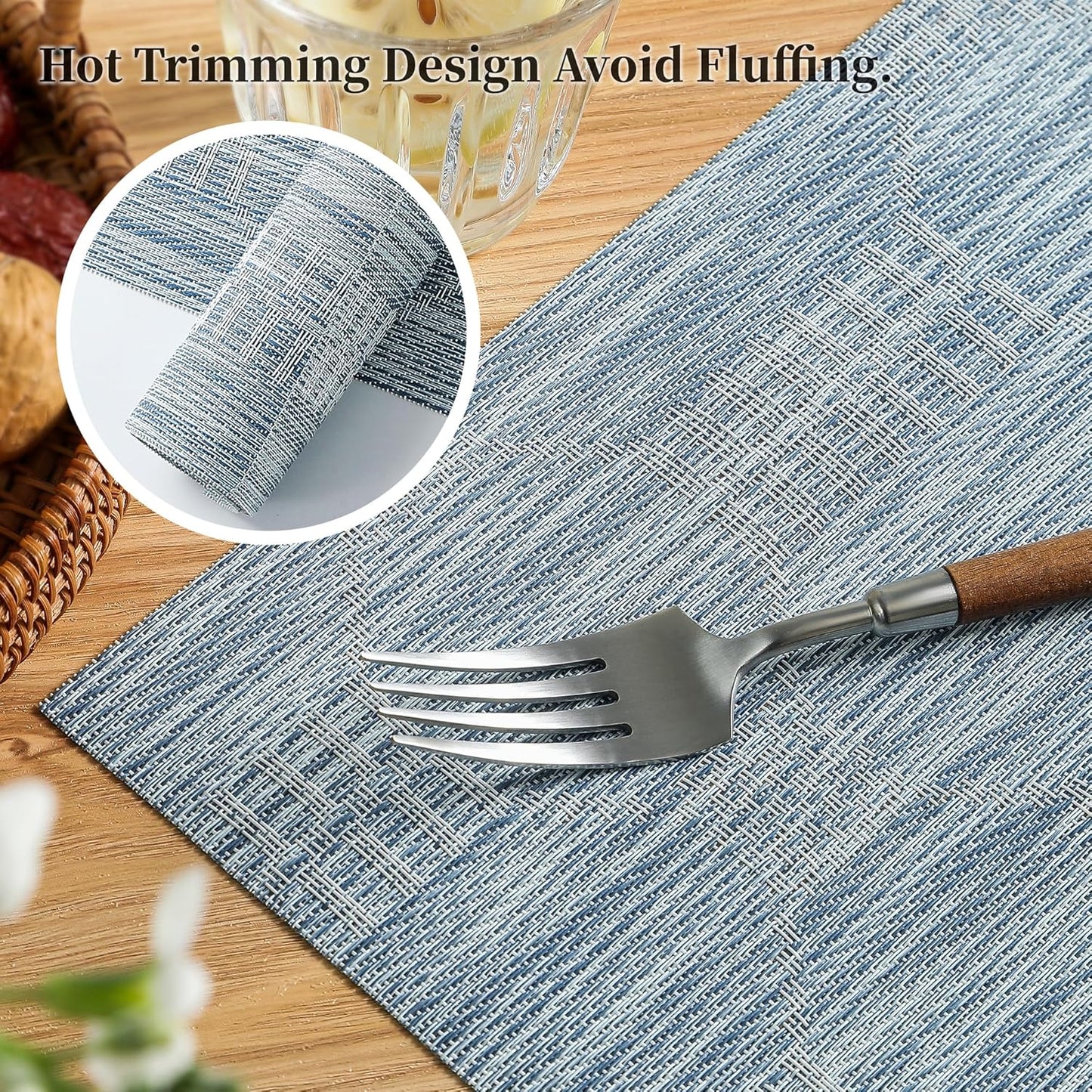 Leetaltree Alice Blue Placemats Set of 6 - Heat Resistant Non-Slip Place mats for Dining Table, Washable Durable PVC Vinyl Woven Table Mats（Jacquard Blue, 6）