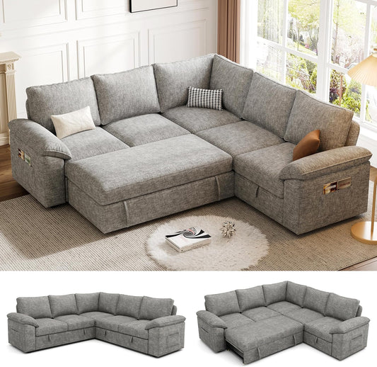 85 Inch Modular Sectional Sofa with Pull Out Bed,L Shaped 5 Seat Sectional Sleeper Sofa with Storage,Sectional Couches for Living Room,Cloud Modular Couch,Removable Sofa Cover,Light Gray