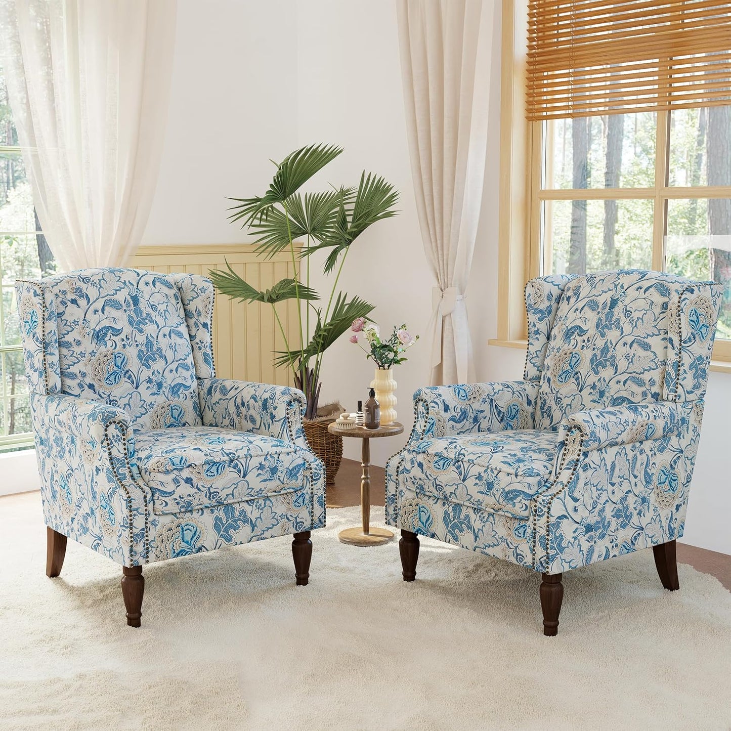 Lumibee Wingback Accent Chair, 2 Set High Back Floral Armchairs in Fabric,Comfy Upholstered Reading Single Sofa Chairs with Solid Wood Legs for Living Room,Bedroom,Office-Boho Blue