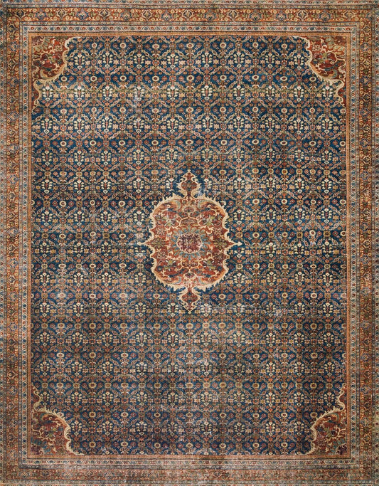 Loloi Layla Collection LAY-09 Cobalt Blue/Spice 7'-6" x 9'-6" .13" Thick Area Rug, Soft, Durable, Vintage Inspired, Distressed, Low Pile, Non-Shedding, Easy Clean, Printed, Living Room Rug