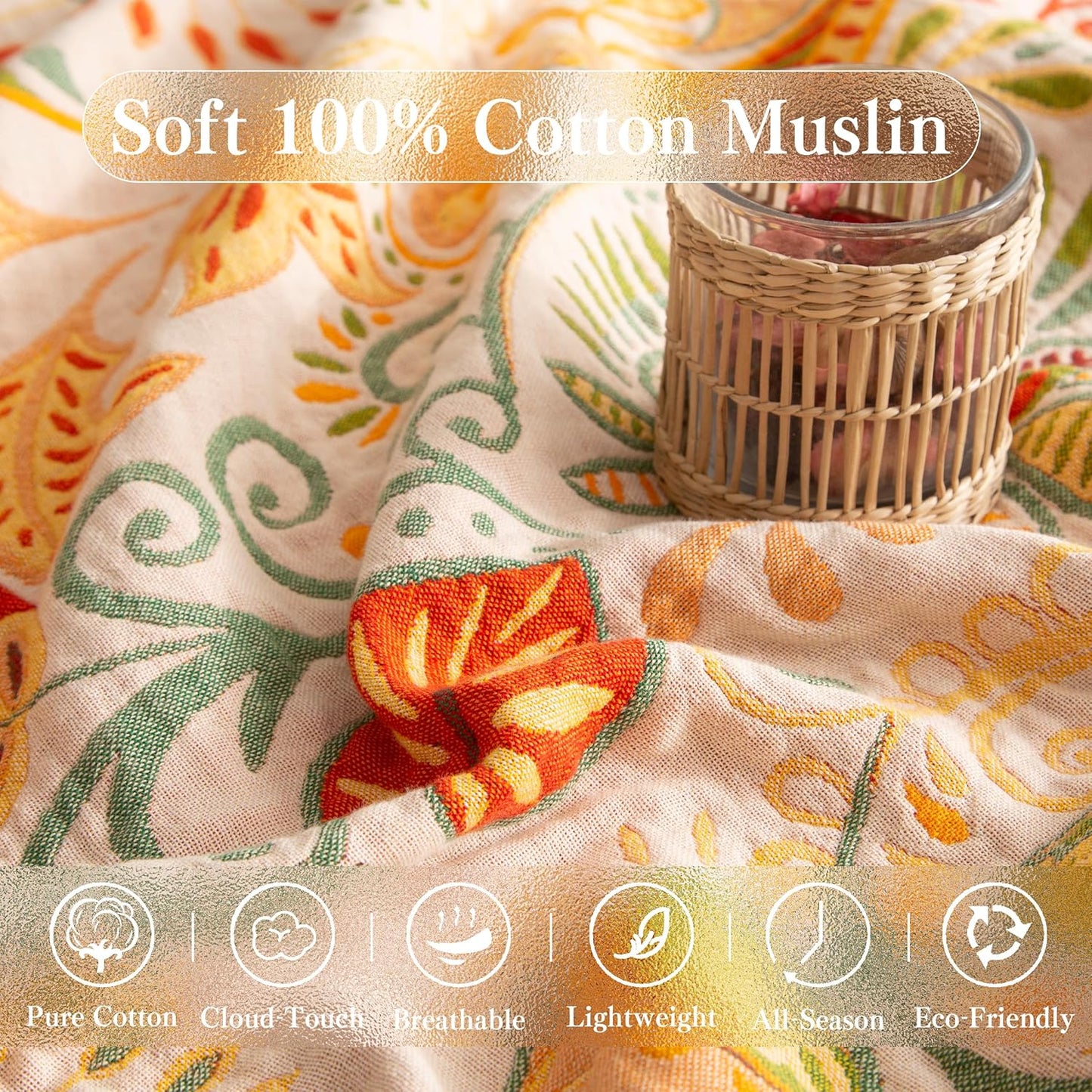 Boho Throw Blanket Full Size, Extra Large Soft Cozy Cotton Muslin Quilt Blanket for Bed Decor, Floral Patterned Couch Sofa Chair Cover, Vintage Farmhouse Cottage Woven Blanket, Coral&Green