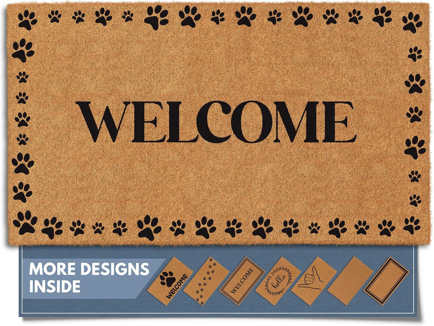 Barnyard Designs Natural Coco Coir Heavy Duty Backing Doormat - Large Cute Non-Slip Front Door Welcome Mat for Outside Entrance or Porch Entry, Brown (17x30, Welcome Paws)
