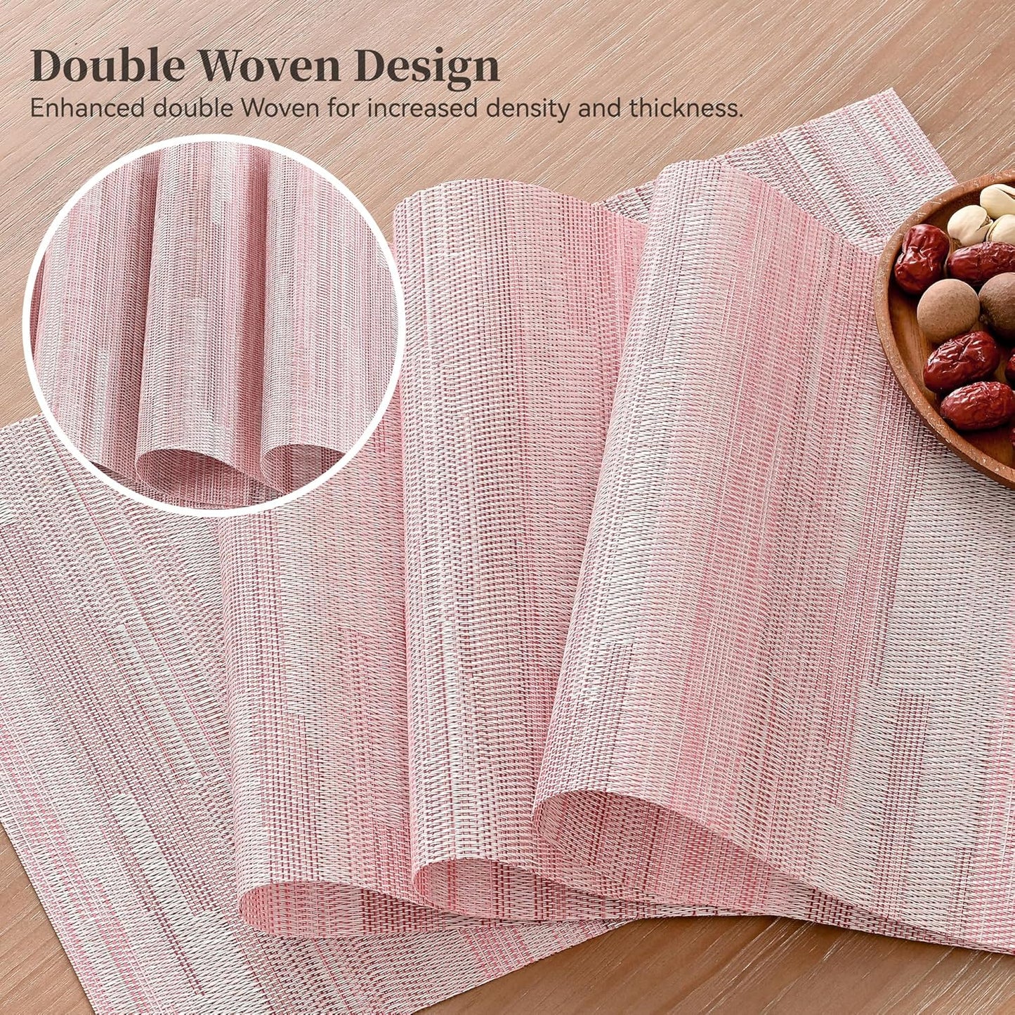 Leetaltree Misty Rose Placemats Set of 8 - Heat Resistant Non-Slip Place mats for Dining Table, Washable Durable PVC Vinyl Woven Table Mats（Misty Rose, 8）