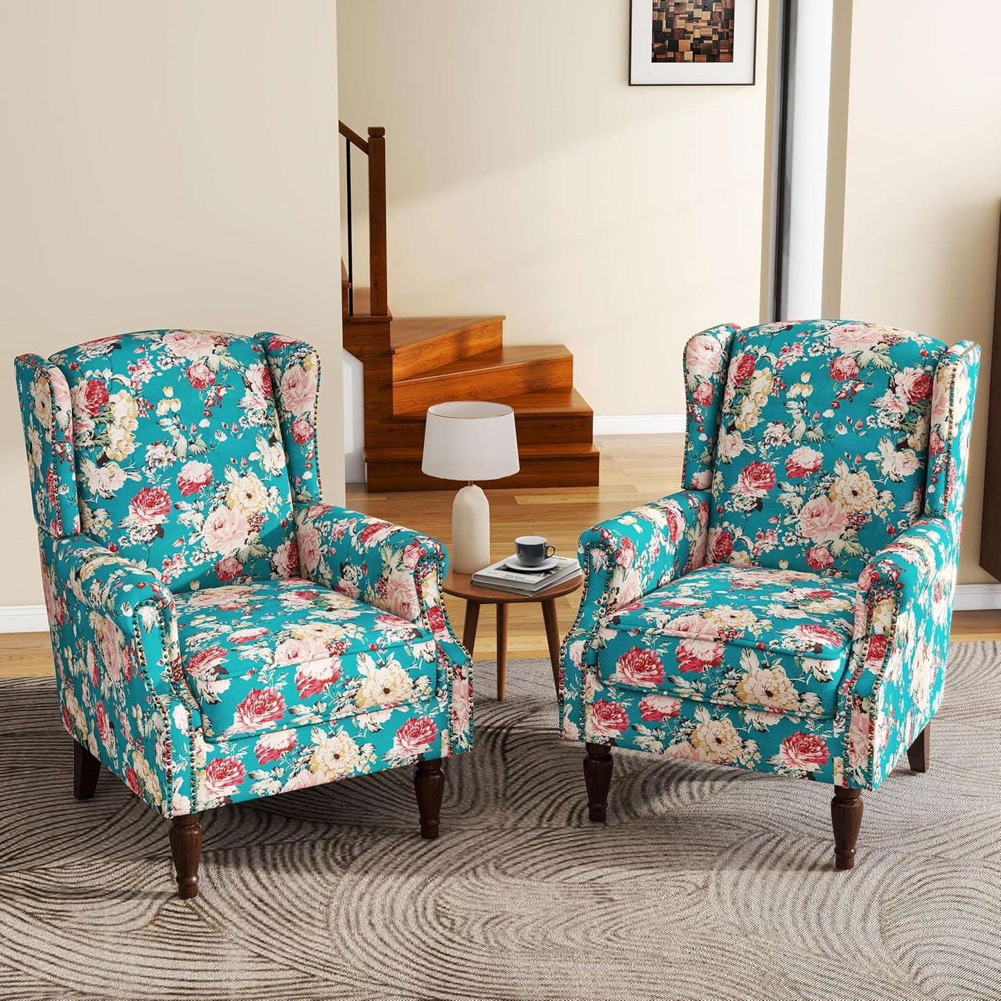 UIXE High Back Floral Accent Chairs Set of 2, Upholstered Armchair in Fabric, Retro Printed Wingback Arm Chair for Living Room, Nailhead Trim Single Sofa Bedroom Reading Seat - Peacock Blue