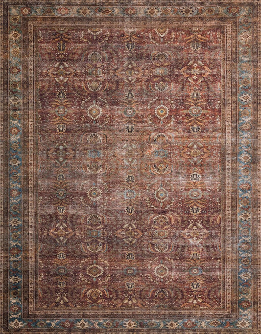 Loloi Layla Collection LAY-01 Brick/Blue 2'-0" x 5'-0" .13" Thick Accent Rug, Soft, Durable, Vintage Inspired, Distressed, Low Pile, Non-Shedding, Easy Clean, Printed, Living Room Rug