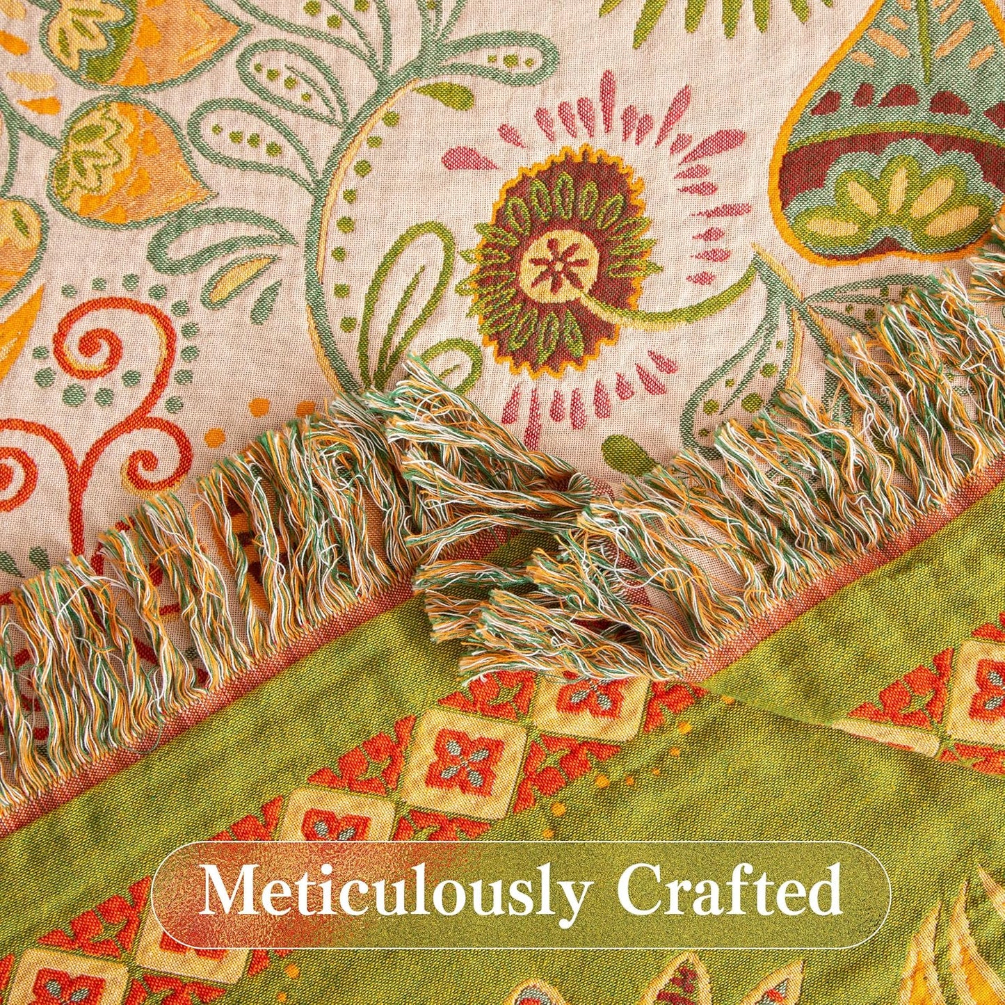 Boho Throw Blanket Full Size, Extra Large Soft Cozy Cotton Muslin Quilt Blanket for Bed Decor, Floral Patterned Couch Sofa Chair Cover, Vintage Farmhouse Cottage Woven Blanket, Coral&Green