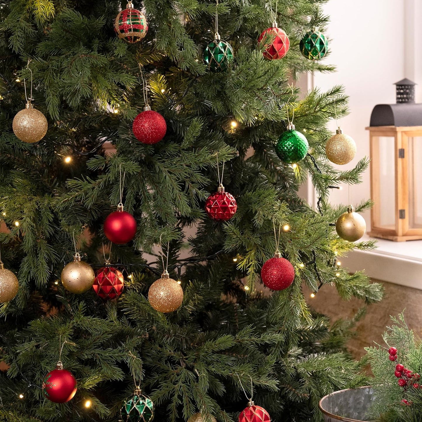 Valery Madelyn Christmas Tree Decorations Ornament Set for Fall Halloween, 50ct 2 Inches Red Green and Gold Shatterproof Christmas Ball Ornaments Hanging Xmas Holiday Party Decor