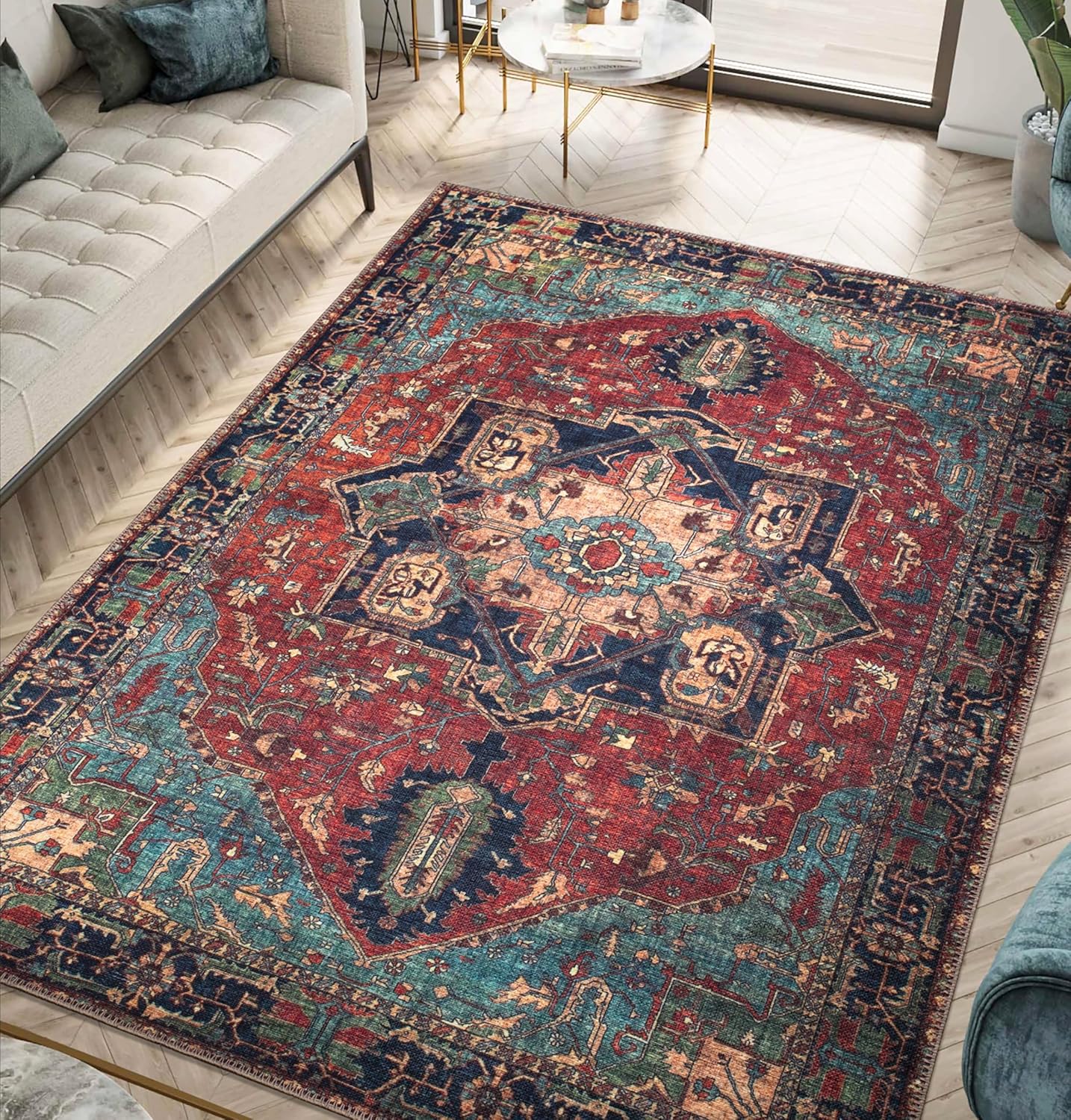 Keen Home Design 5x7 Rug - Machine Washable Area Rug with Non-Slip Backing, Ideal for Living Room, Dining Room, Bedroom - Vintage, Easy Clean, Durable, Low Pile Rug - (5' x 7')