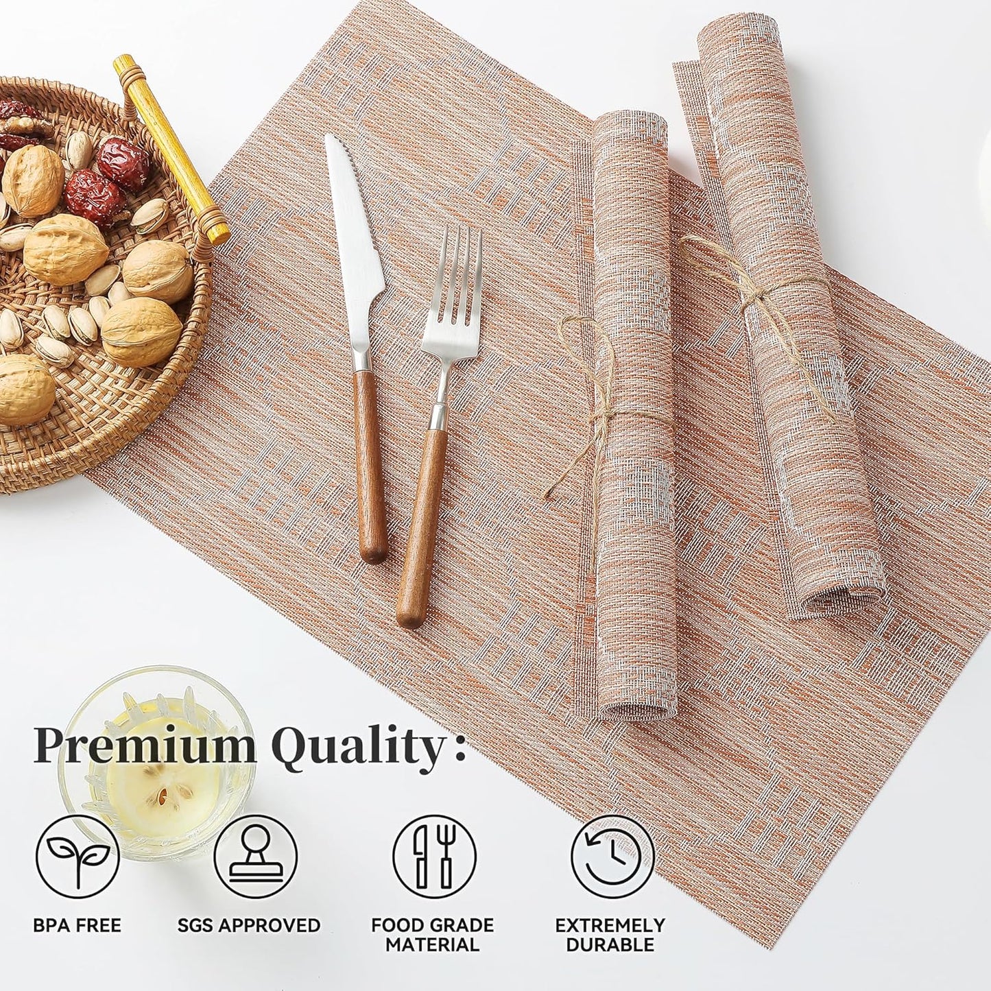 Leetaltree Coral Placemats Set of 4 - Heat Resistant Non-Slip Place mats for Dining Table, Washable Durable PVC Vinyl Woven Table Mats（Coral, 4）