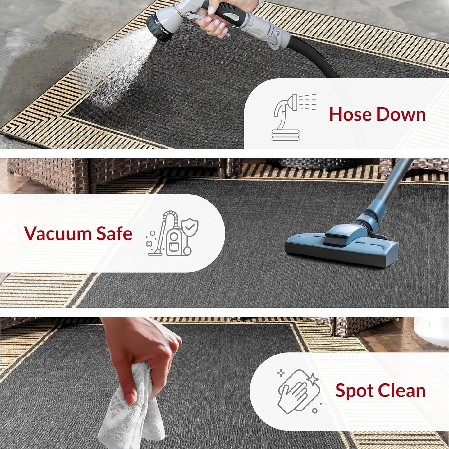 nuLOOM 6'7" Round Outdoor Area Rug, Casual Design With Striped Border, Stain Resistant, Highly Durable, For Patio, Balcony, Bedroom, Living Room, Dining Room, Bathroom, Dark Grey