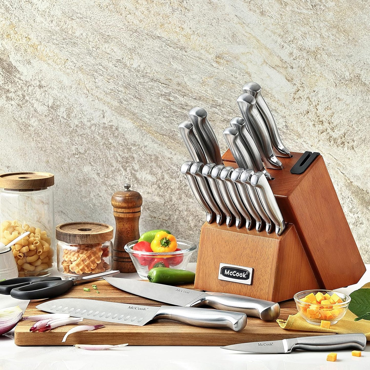 McCook® Kitchen Knife Sets,German Stainless Steel Knives Block Set with Built-in Sharpener