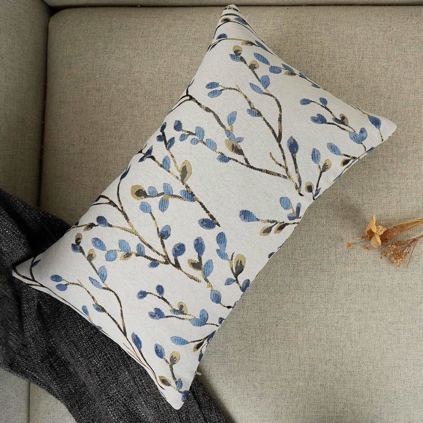 YOUR SMILE Classical Embroidery Jacquard Blue Square Decorative Throw Pillow Case Cushion Cover,12x20 inch