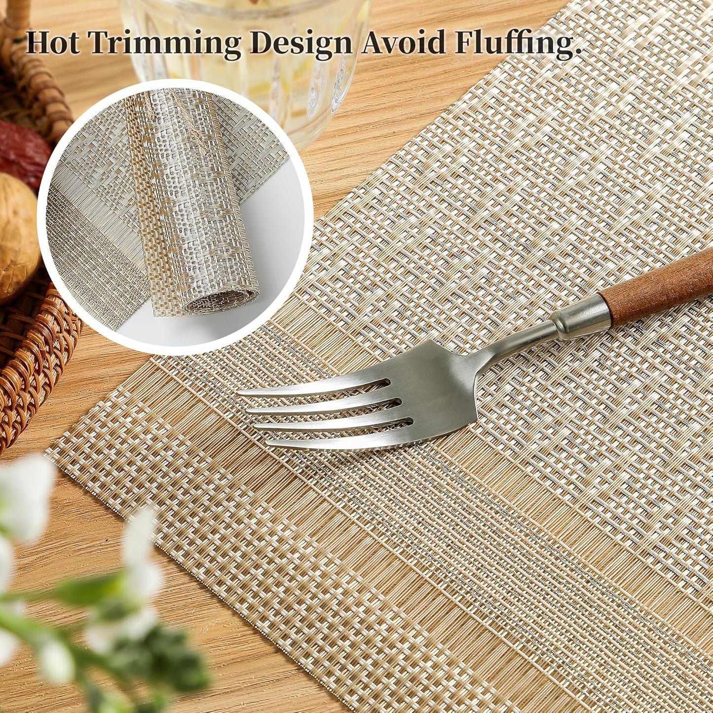 Leetaltree Stardust Yellow Placemats Set of 12 - Heat Resistant Non-Slip Place mats for Dining Table, Washable Durable PVC Vinyl Woven Table Mats（Stardust Yellow, 12）