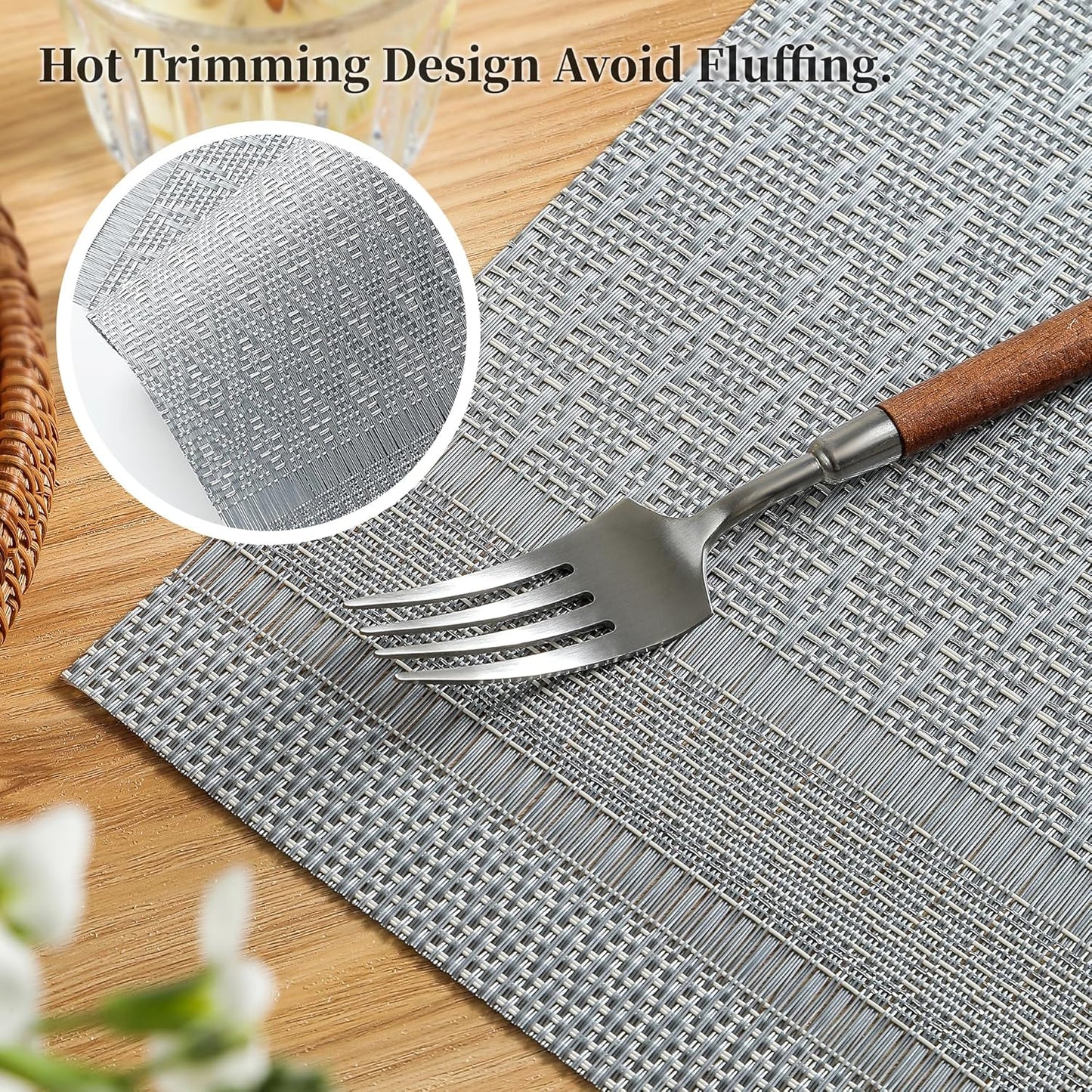 Leetaltree Lunar Grey Placemats Set of 12 - Heat Resistant Non-Slip Place mats for Dining Table, Washable Durable PVC Vinyl Woven Table Mats（Lunar Grey, 12）