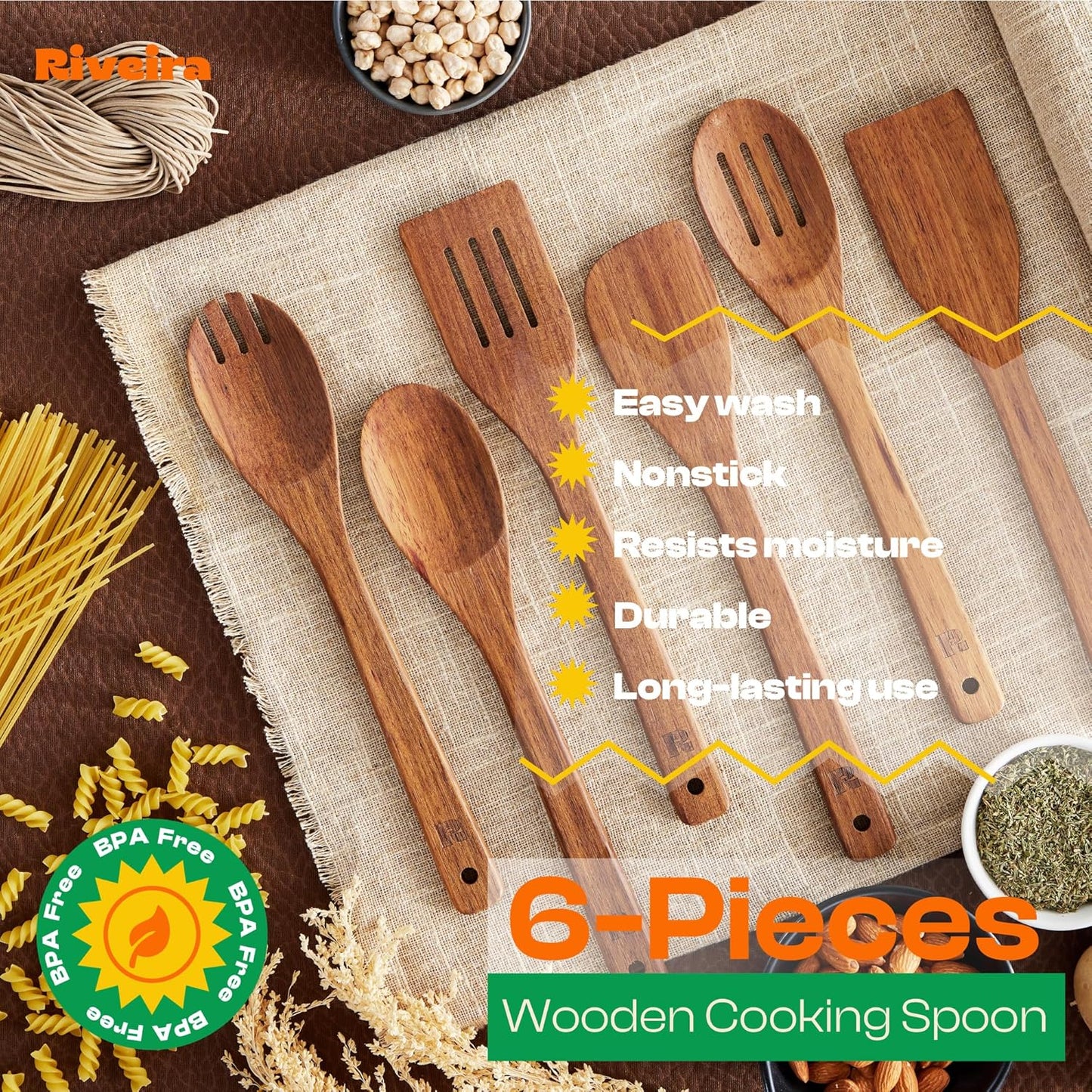 Riveira Teak Wooden Spoons for Cooking Set of 6 – Natural Teak Wooden Cooking Utensils, Wooden Spatula, Wooden Spoon - Premium Quality Wooden Utensil Set for Non-Toxic Cooking