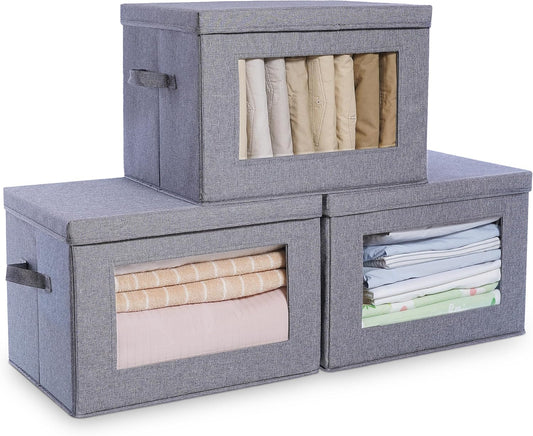 Citylife 3-Pack Collapsible Storage Bins with Lids, Linen Fabric Foldable Storage Boxes, Cube Closet Organization for Clothes, Blankets and Books, Gray