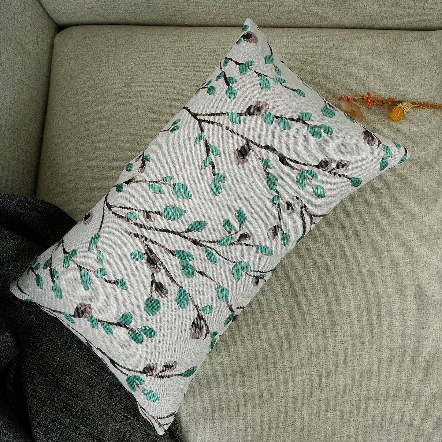 YOUR SMILE Classical Embroidery Jacquard Green Square Decorative Throw Pillow Case Cushion Cover,12x20 inch