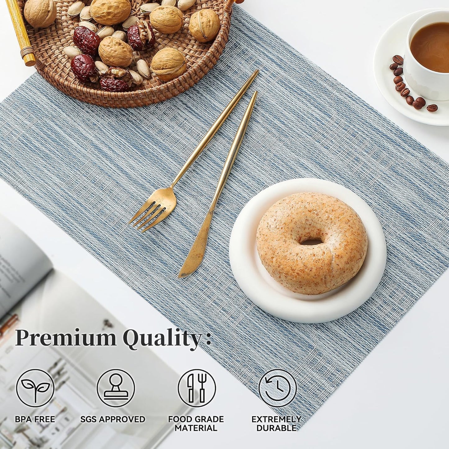 Leetaltree Jacquard Blue Placemats Set of 8 - Heat Resistant Non-Slip Place mats for Dining Table, Washable Durable PVC Vinyl Woven Table Mats(Jacquard Blue, 8)