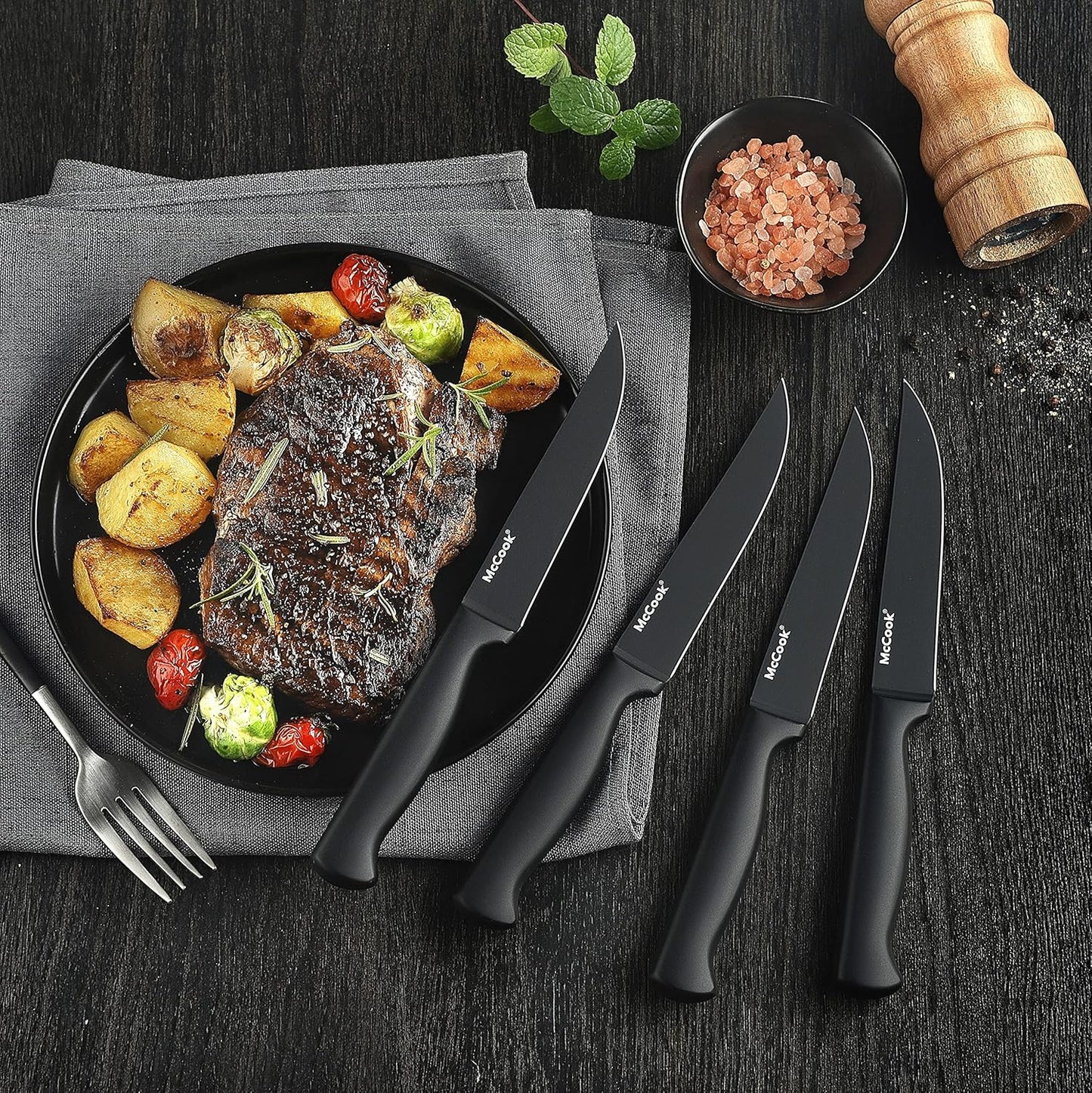 McCook® Knife Sets,German Stainless Steel Knife Block Sets with Built-in Sharpener, Black